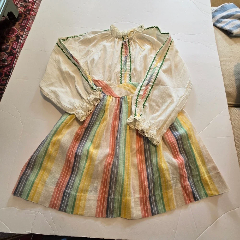 Vintage 50s 60s Cinderella Peasant Dress Girls 8 White Rainbow Stripe Boho Lace